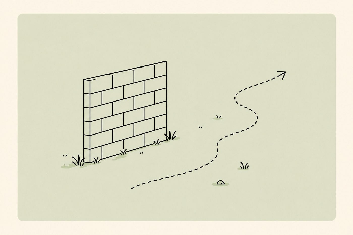 Line-art diagram on a sage-green panel: a plain brick wall stands on the left; a dashed path curves around it from below and finishes as an arrow pointing up and away on the right.