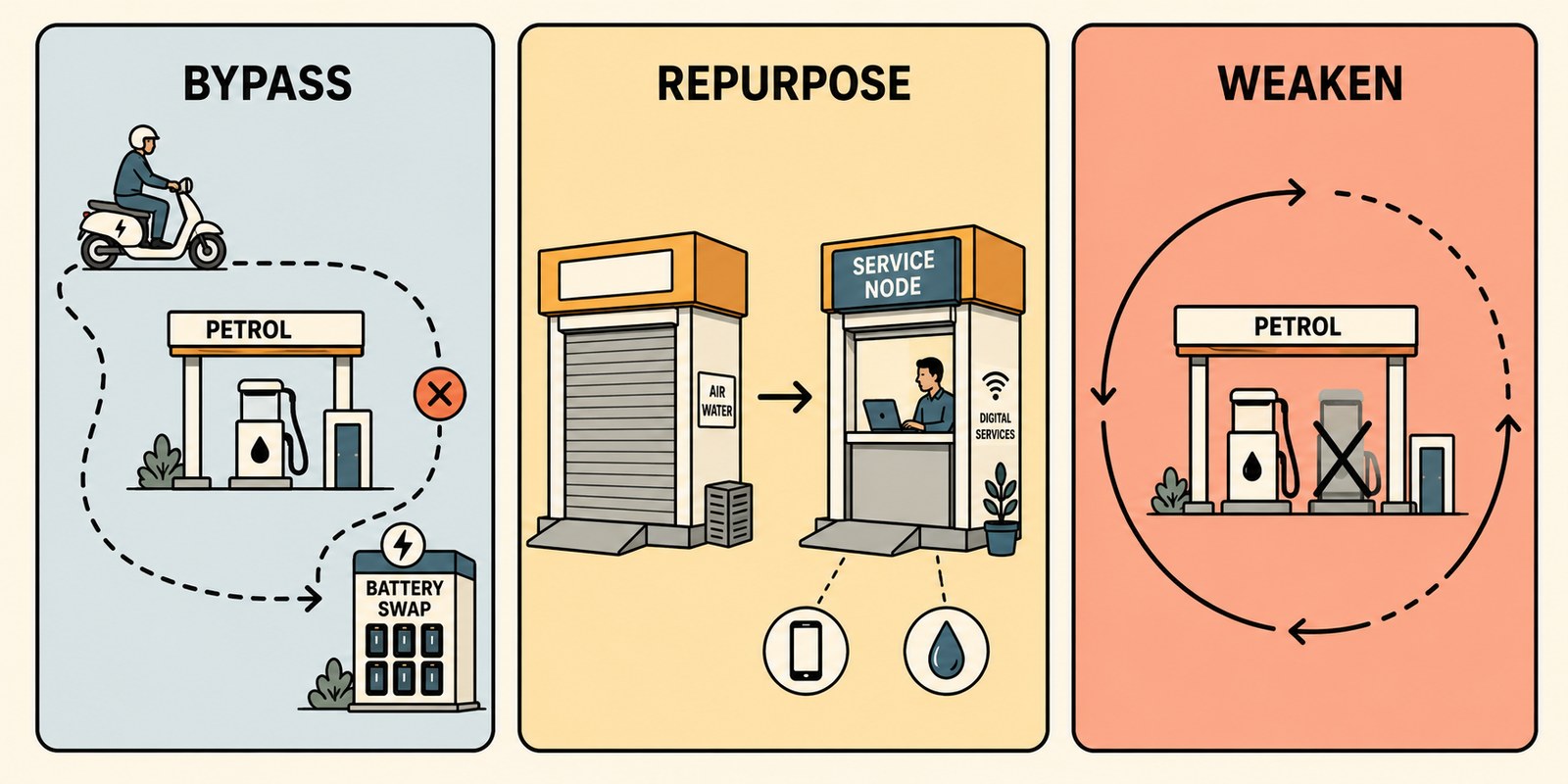 BRW schematic: three panels showing Bypass (a rider routing around a petrol station to a battery-swap point), Repurpose (a shuttered petrol station converted into a service node offering air, water, and digital services), and Weaken (arrows circling a petrol station whose pumps are being crossed out).