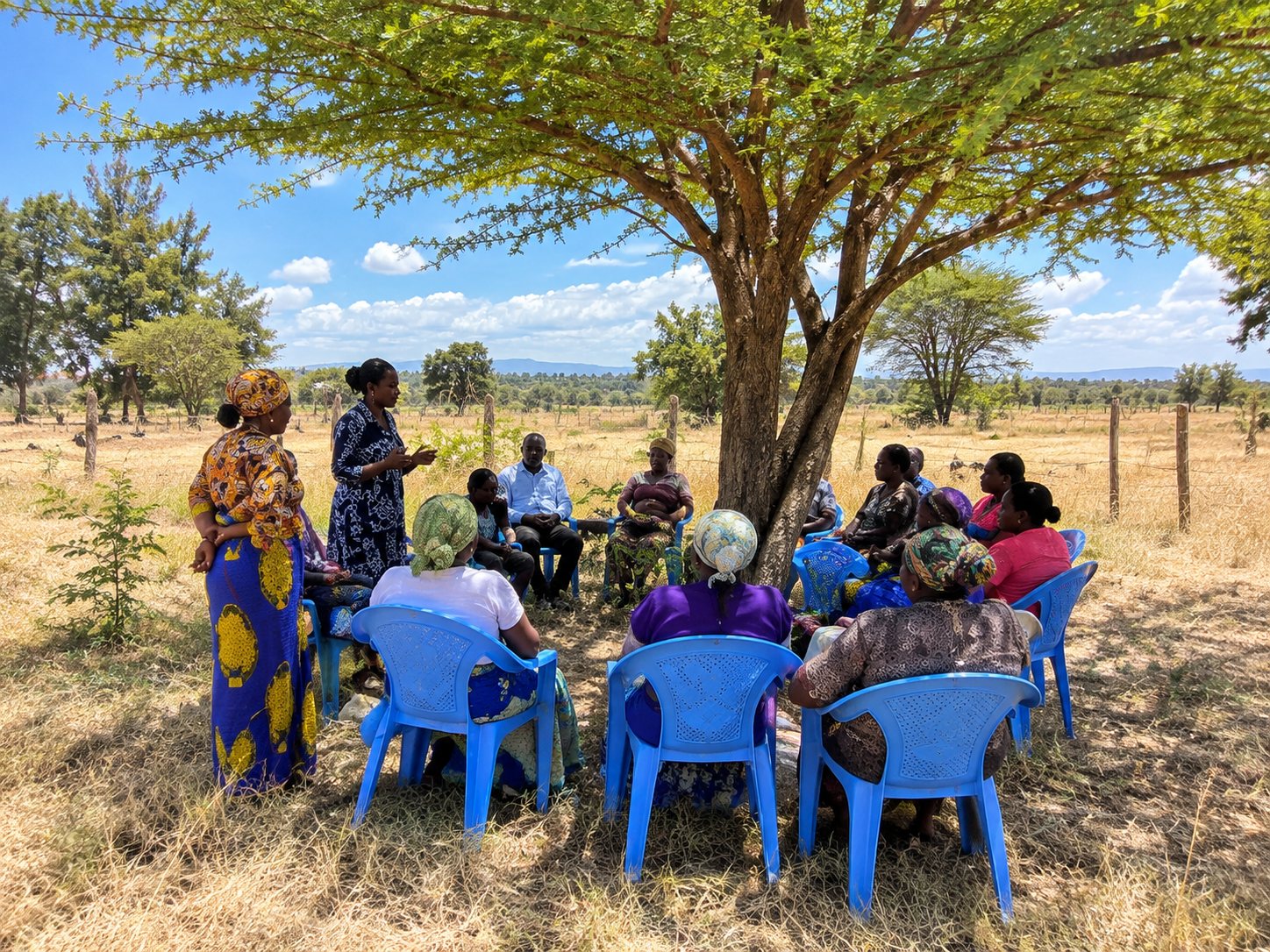Photograph of a focus group discussion under an acacia tree in an East African field setting. A female moderator in a patterned wrap and headscarf stands with a phone, leading the discussion. Twelve participants, mostly women in colourful wax-print skirts and headscarves plus one man in a blue shirt, sit on blue plastic chairs in a semi-circle around her. Dry grassland and a distant hill line behind.
