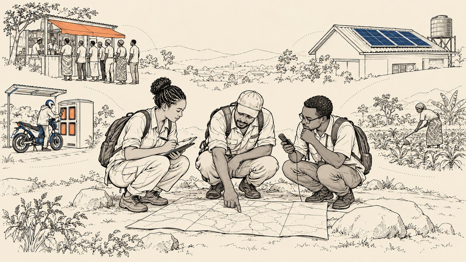 Line-art illustration on warm cream ground: three field researchers crouched around a paper map spread on the earth, one taking notes, one gesturing at a detail, one listening. Small vignettes around the edges in the same line style show a market kiosk with a queue, a battery-swap cabinet with an electric motorcycle, a solar-panel rooftop with a black water tank, and a smallholder in a field.