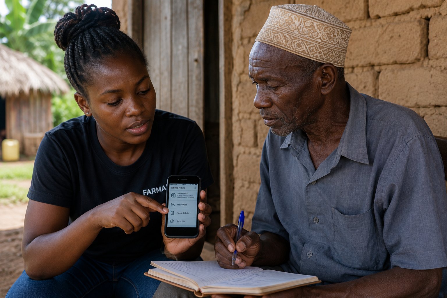 A young extension worker shows a phone screen in offline mode to an elderly farmer in a kofia hat, who is writing in a paper ledger. Mud-brick wall and thatched roof behind them.