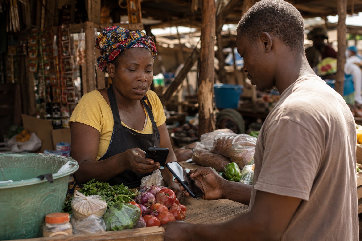 A market vendor in a headscarf and yellow shirt confirms a mobile-money payment on her phone across the counter from a male customer holding his phone; fresh produce, onions and tomatoes on the stall.
