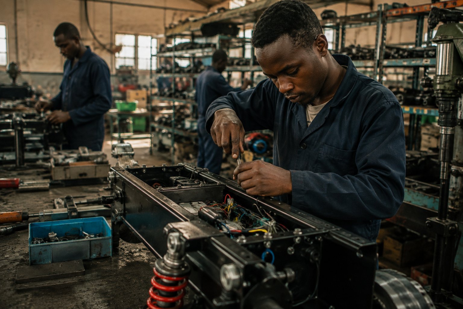 A young mechanic in blue overalls working on the wiring loom of an assembled two-wheeler chassis in a small East African assembly workshop, with parts racks and other workers in the background.