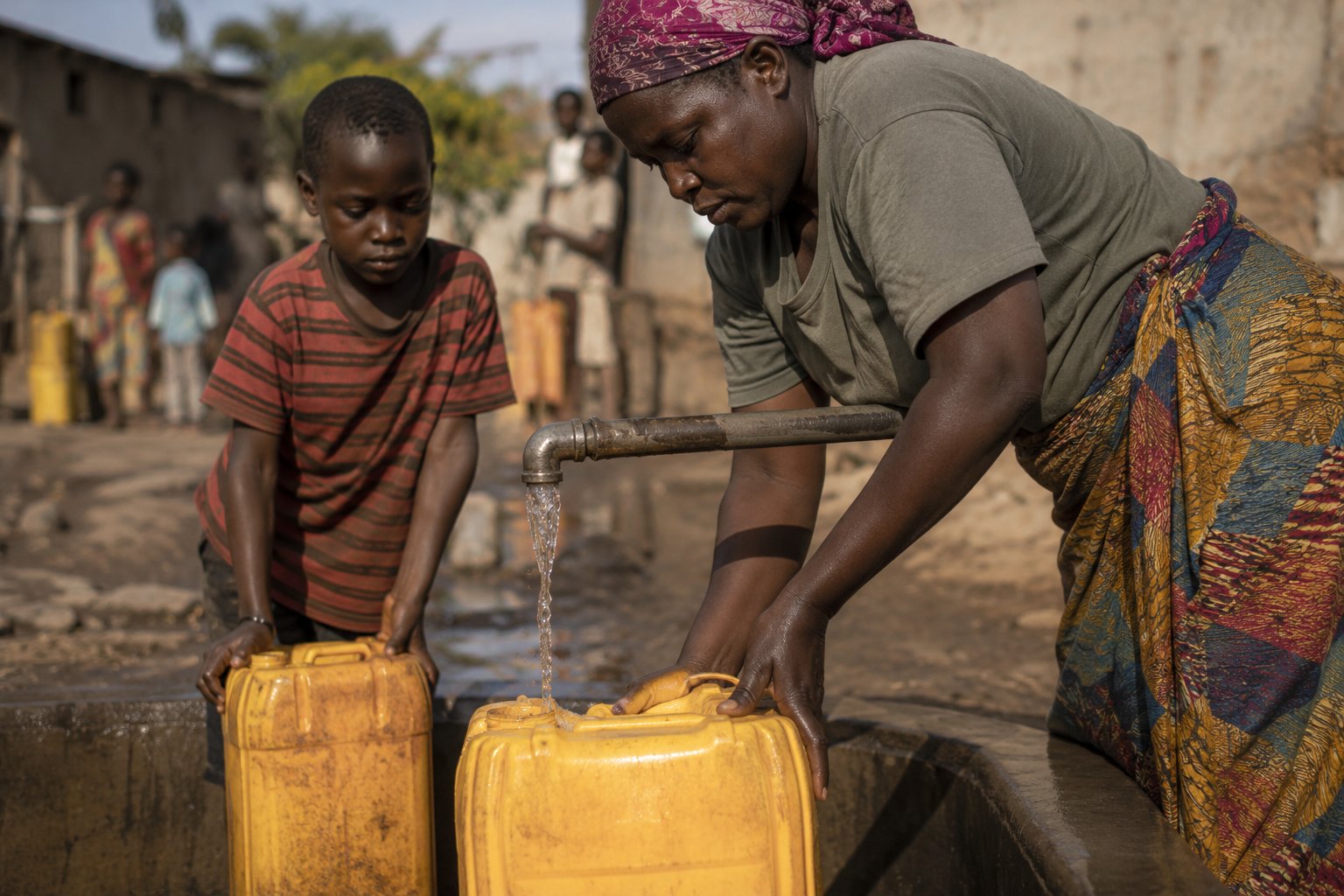 A woman and a boy at a Nairobi settlement standpipe fill yellow jerry cans; a public tap runs into the container in the foreground.