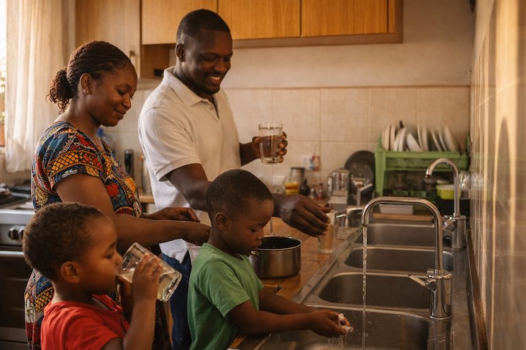 A Nairobi kitchen at midday: a mother in a patterned wax-print top, a father in a white polo shirt filling a glass at a running tap, two young boys at the sink - one drinking, one washing his hands; a dish rack, a saucepan and a bright window behind.