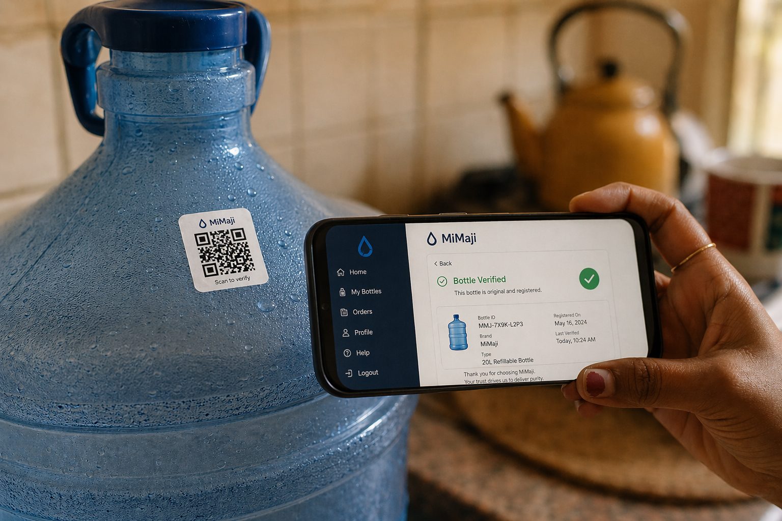 A hand holds a smartphone in a kitchen; the phone screen shows the MiMaji app on a 'Bottle Verified' screen with a green tick, a 20L refillable bottle ID (MMJ-7X9K-L2P3), a registration date of 16 May 2024, and a 'Last Verified today' line; a large blue 20L water bottle with a MiMaji QR sticker stands beside it, a brass kettle out of focus behind.