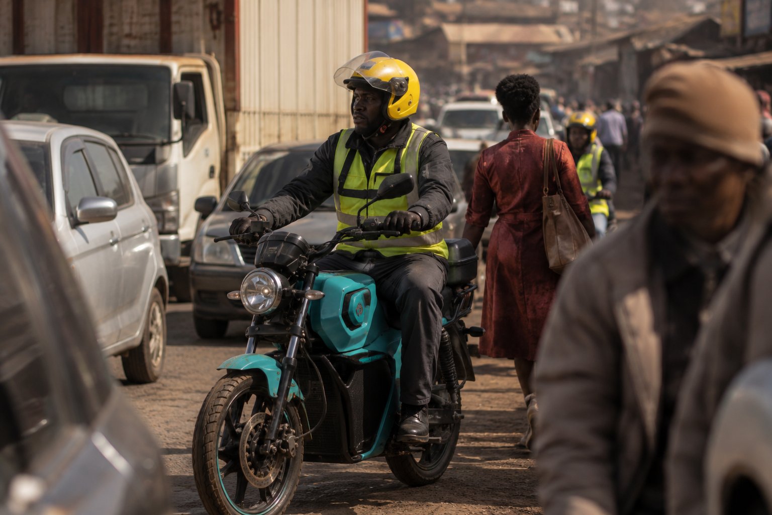 A boda-boda rider in a hi-vis vest and yellow helmet on a teal electric motorcycle, threading through Nairobi traffic.