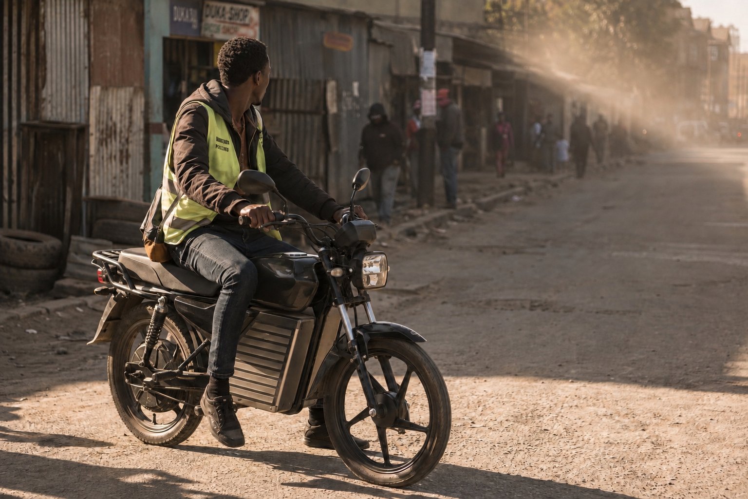 A boda-boda rider on an electric motorcycle at first light on a Nairobi commercial street; corrugated-iron shopfronts and dust in the air behind.