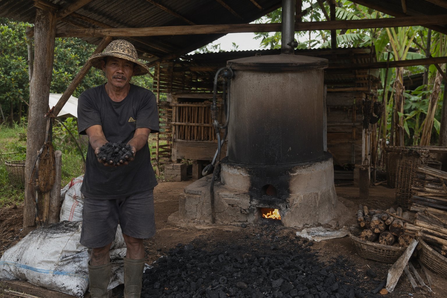 A smallholder farmer in a straw hat holds a handful of biochar, standing beside a large kiln with a fire visible at the base.