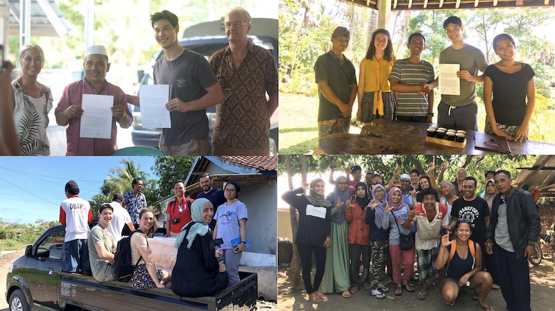 Four-panel programme mosaic from the Lombok engagement: a signed agreement held up with the village chief and elders; a handshake and signed agreement with the farmers' association over an outdoor table of coffee cups; the field team on the flatbed of a pickup; the group photograph at the end of the visit under a mango tree.