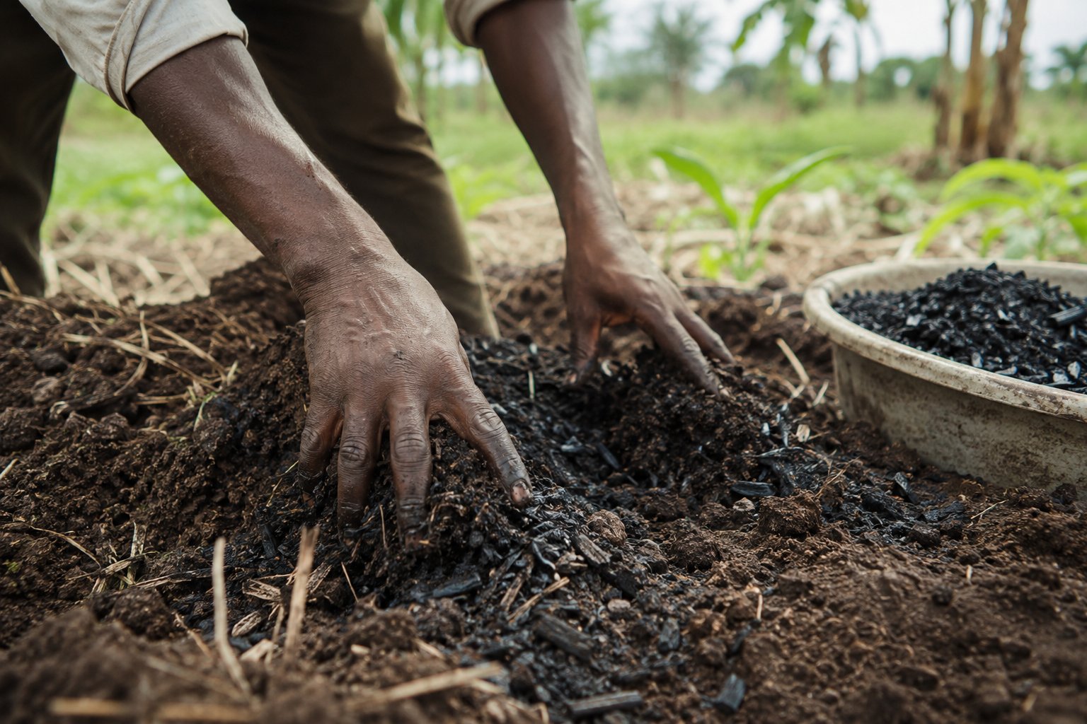 Two weathered hands work black biochar granules into rich brown soil beside a metal basin holding more biochar. Green shoots and dry stalks in the background of the working field.