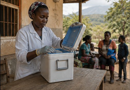 A healthcare worker in a white coat opens a portable cold-chain vaccine box on a wooden table at a rural clinic; three women and a child wait to be seen in the softly-focused background.