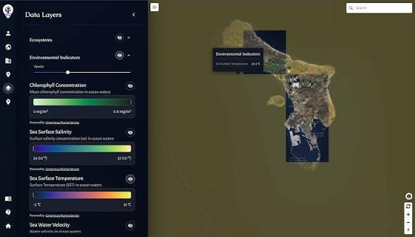 Screenshot of the Reef Support environmental-indicators panel: a satellite basemap of an Indonesian island with data layers listed on the left - chlorophyll concentration, sea-surface salinity, sea-surface temperature, sea water velocity - and one indicator active over the map showing a sea-surface temperature reading.