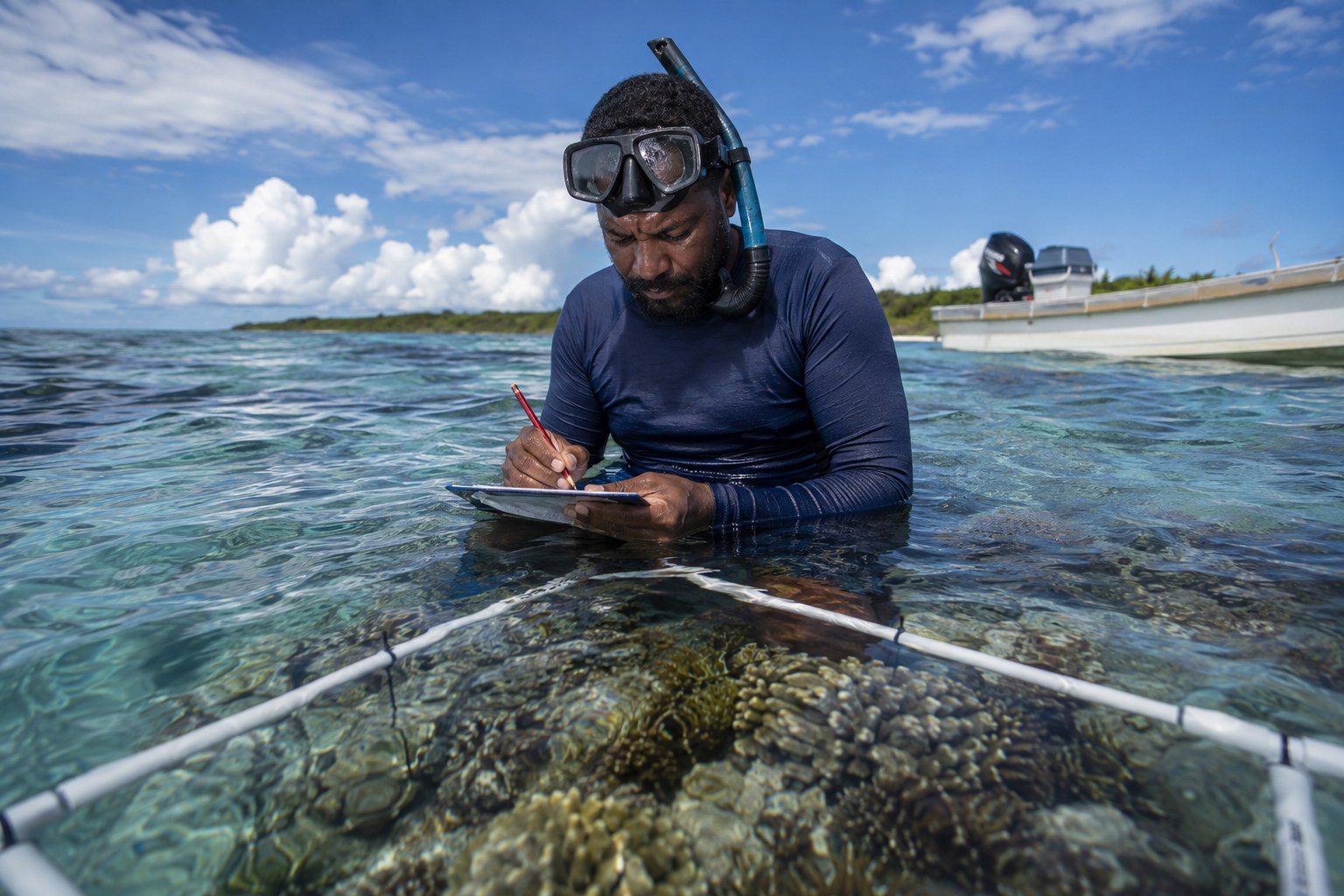 A community ranger in a mask and snorkel, chest-deep in clear reef water, writing on a waterproof clipboard beside a coral-survey quadrat; a small research skiff moored just off the reef edge in the background.