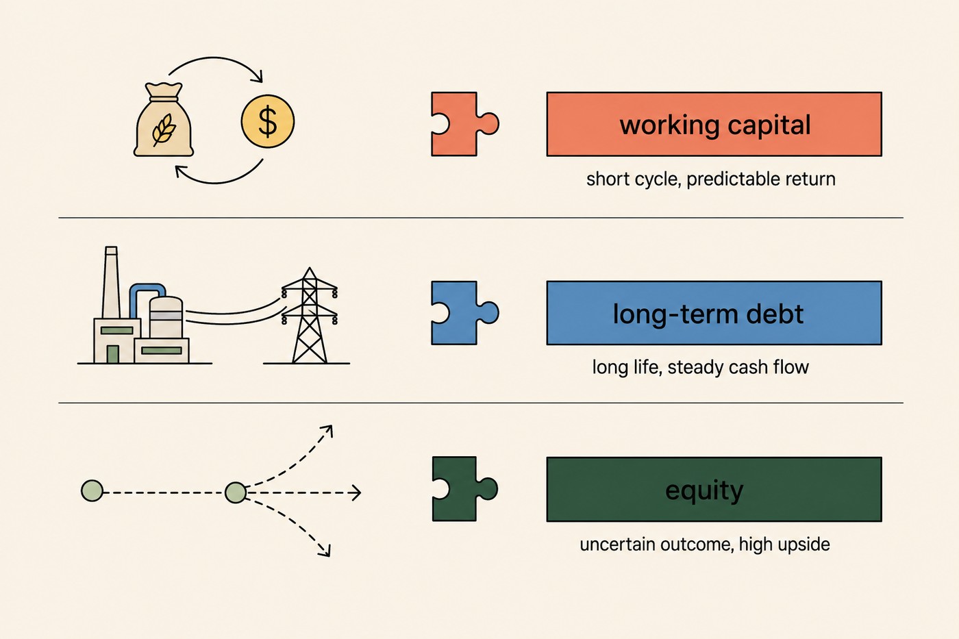 Three puzzle pieces stacked vertically. Top, coral: working capital, illustrated by a grain sack and coin in a loop, labelled 'short cycle, predictable return'. Middle, blue: long-term debt, illustrated by a power plant and transmission line, labelled 'long life, steady cash flow'. Bottom, forest: equity, illustrated by branching dashed arrows, labelled 'uncertain outcome, high upside'.