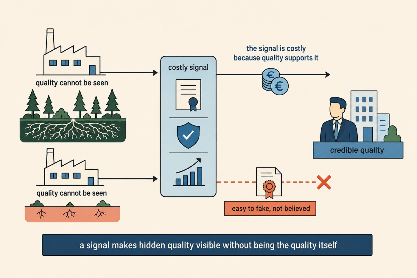 Diagram: two factories on the left, both marked 'quality cannot be seen', with an upper one growing deep roots into a healthy soil bed and a lower one with shallow roots in a poor coral soil bed. Both pass through a central 'costly signal' column carrying a certification, a shield tick and a growth chart. The upper factory's signal, backed by a coin stack labelled 'the signal is costly because quality supports it', reaches a buyer figure labelled 'credible quality'. The lower factory's signal, a lightweight certificate marked 'easy to fake, not believed', is stopped by a red X. A dark cobalt banner beneath reads: a signal makes hidden quality visible without being the quality itself.