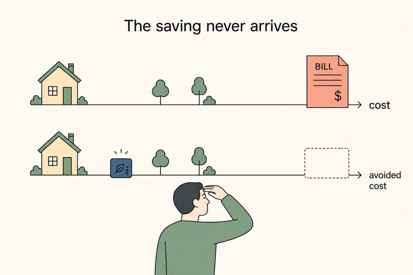 Two-row diagram. Top row: a house connected by a straight line to a coral BILL with a dollar sign, labelled 'cost'. Bottom row: the same house now with an efficient thermostat, connected by a line to an empty dashed box labelled 'avoided cost', with a puzzled figure below shading his eyes to see something that is not there. Caption context: the cost is visible when it arrives; the saving is invisible because it never does.