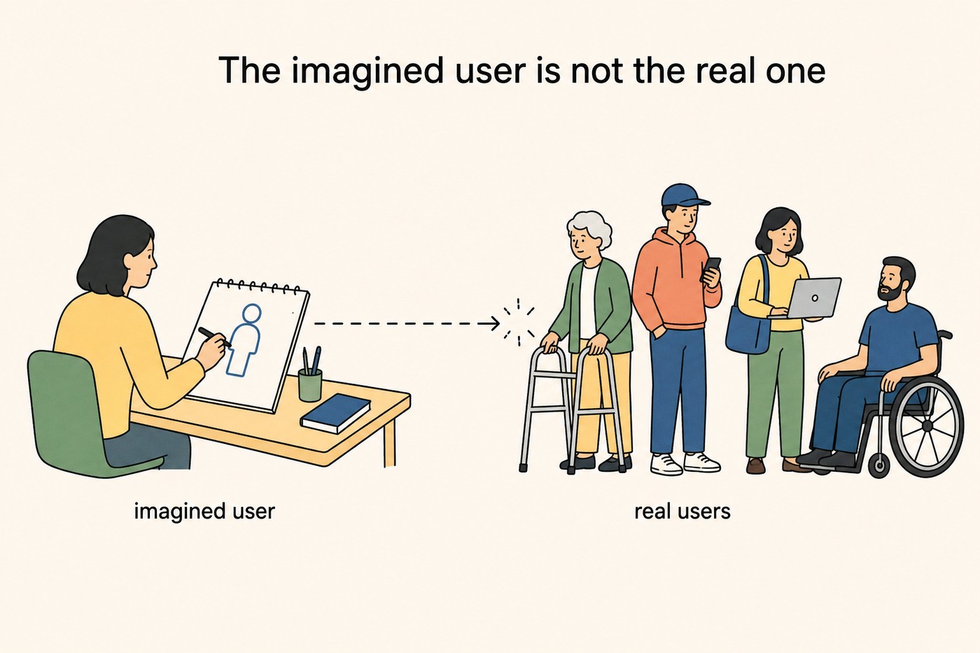 Diagram: a designer at a drawing board on the left sketches a single generic user figure on a pad, with a dashed arrow leading right to a group of four diverse real users, an older woman with a walking frame, a young man in a hoodie holding a phone, a woman with a laptop, and a man in a wheelchair. Labels beneath: 'imagined user' and 'real users'. Caption context: the gap between the two is where exclusion is manufactured.