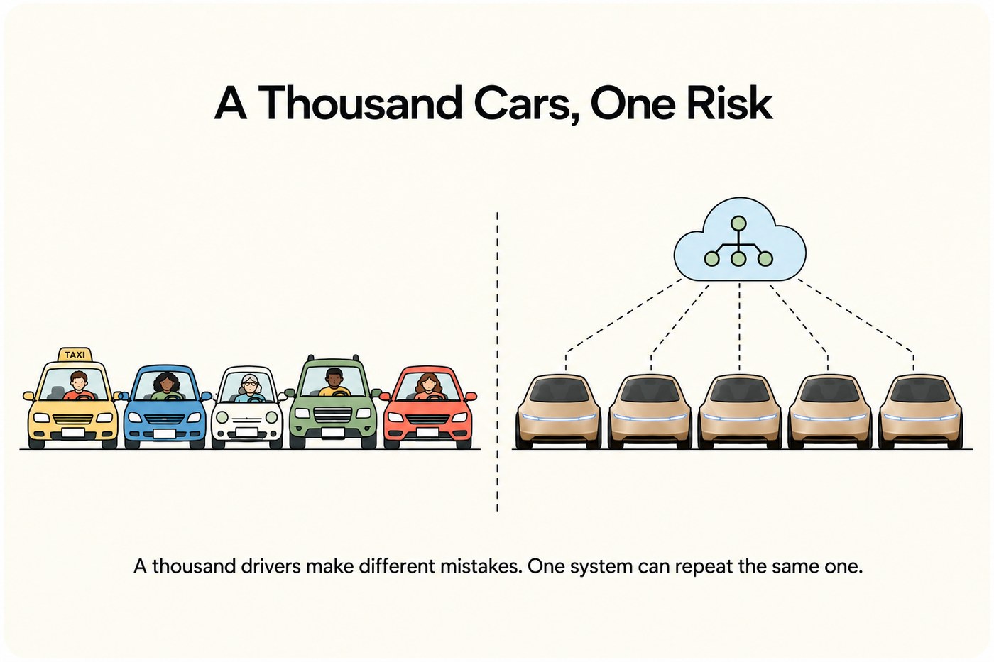 Line-art comparison: on the left a row of taxis each with a distinct small driver figure at the wheel; on the right an identical row of driverless two-seater vehicles connected upward by dashed lines to a single cloud-shaped software icon.