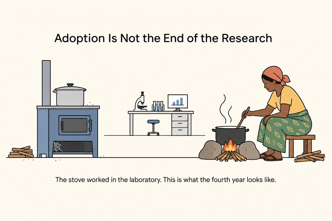 Line-art kitchen scene: a clean improved cookstove standing unlit and dusty with a pot stacked on top as storage, while beside it a traditional three-stone fire is in use with a cooking pot over it and a figure tending it.