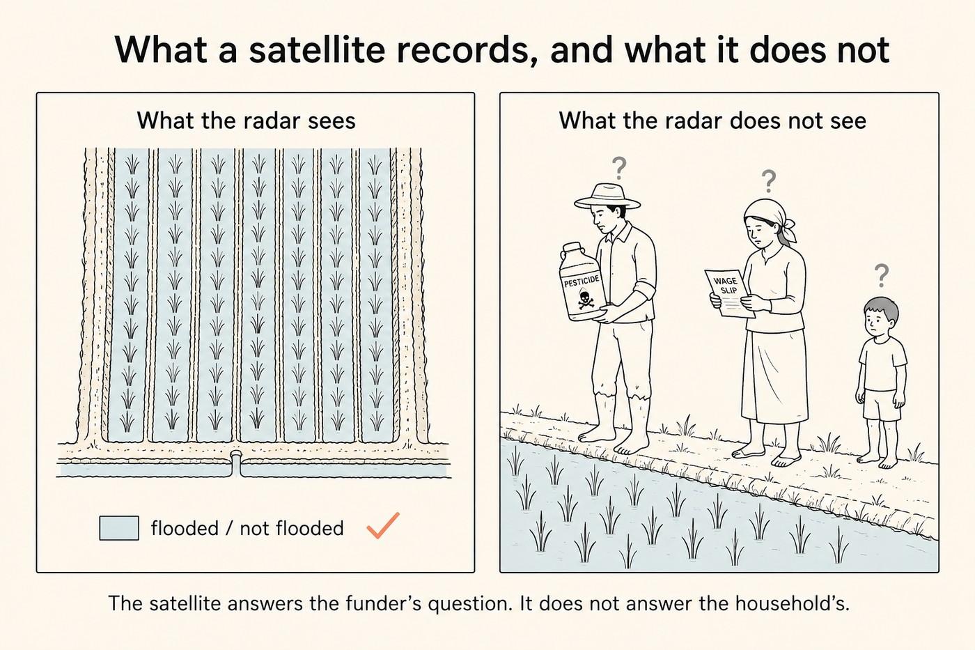 Two-panel line-art diagram titled What a satellite records, and what it does not. Left panel titled What the radar sees: an overhead view of a single rice paddy with regular rows of shoots on a sky-blue flooded ground, and a small legend chip labelled flooded / not flooded with a coral tick beside it. Right panel titled What the radar does not see: a paddy edge with three figures standing at the bank, a farmer holding a labelled container of pesticide, a woman with a wage slip in hand and a small child, each with a small grey question mark hovering above their head. Footer: The satellite answers the funder's question. It does not answer the household's.
