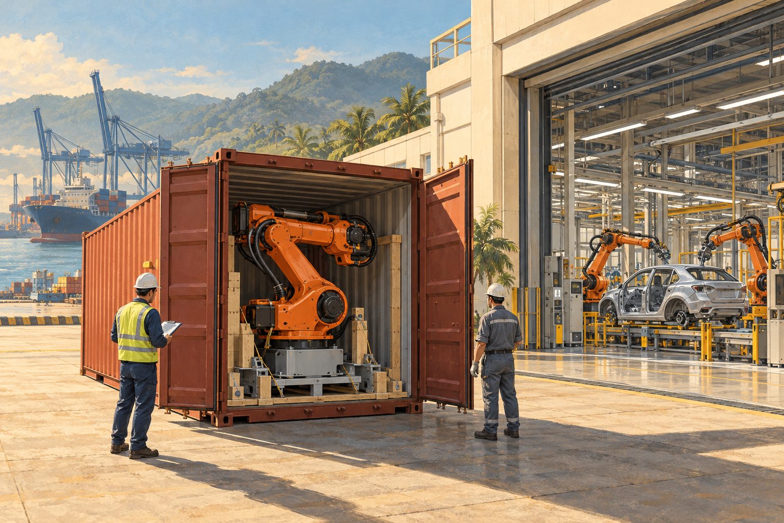 A shipping container at a tropical port with a Chinese industrial robot arm packed inside, two workers inspecting it, with the assembly line of a new EV plant visible through the open shutter beyond.