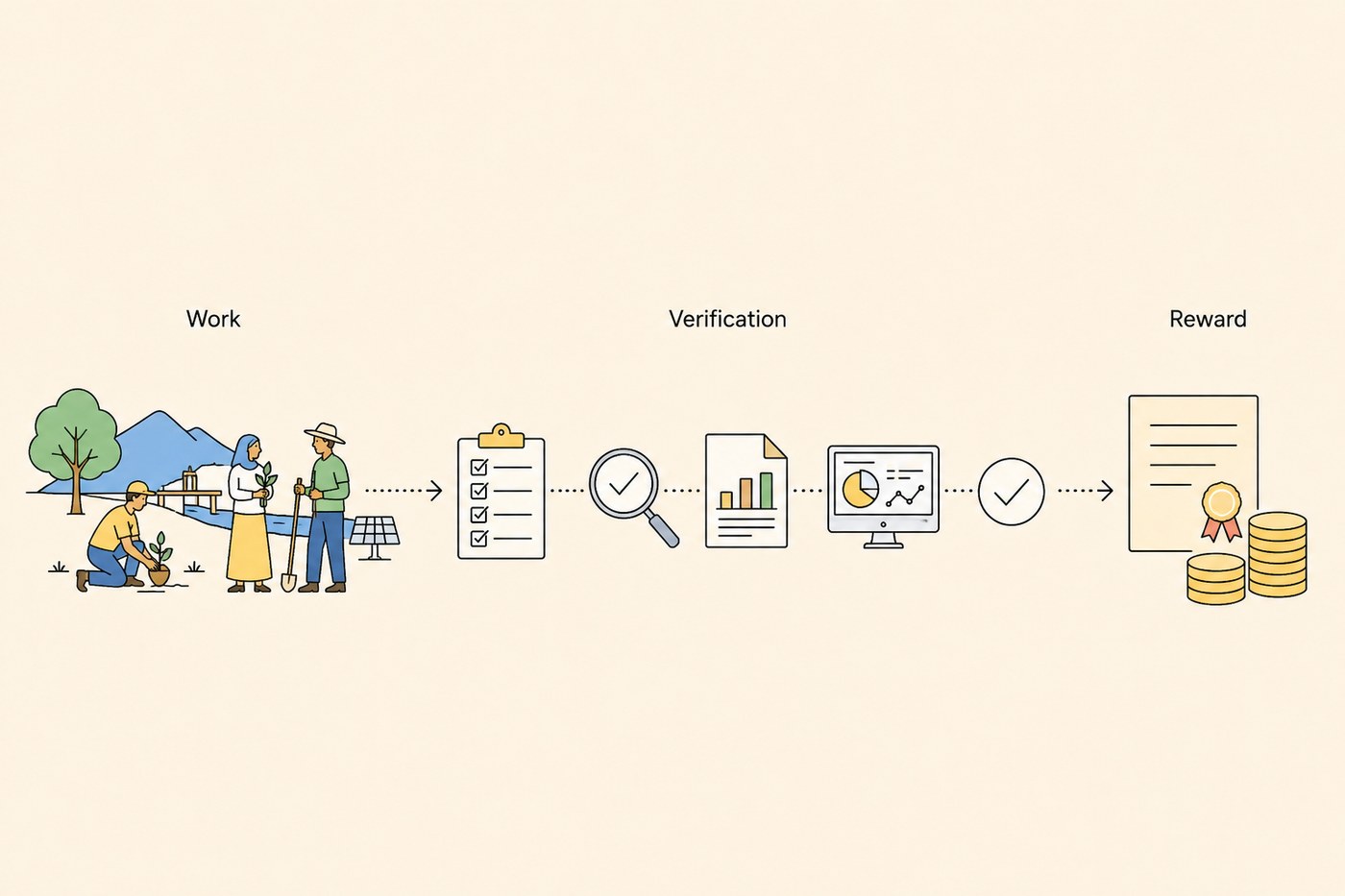Left-to-right verification chain: field workers on the left, a run of checklist, magnifying glass, report and dashboard in the middle, certificate and coin stacks on the right.