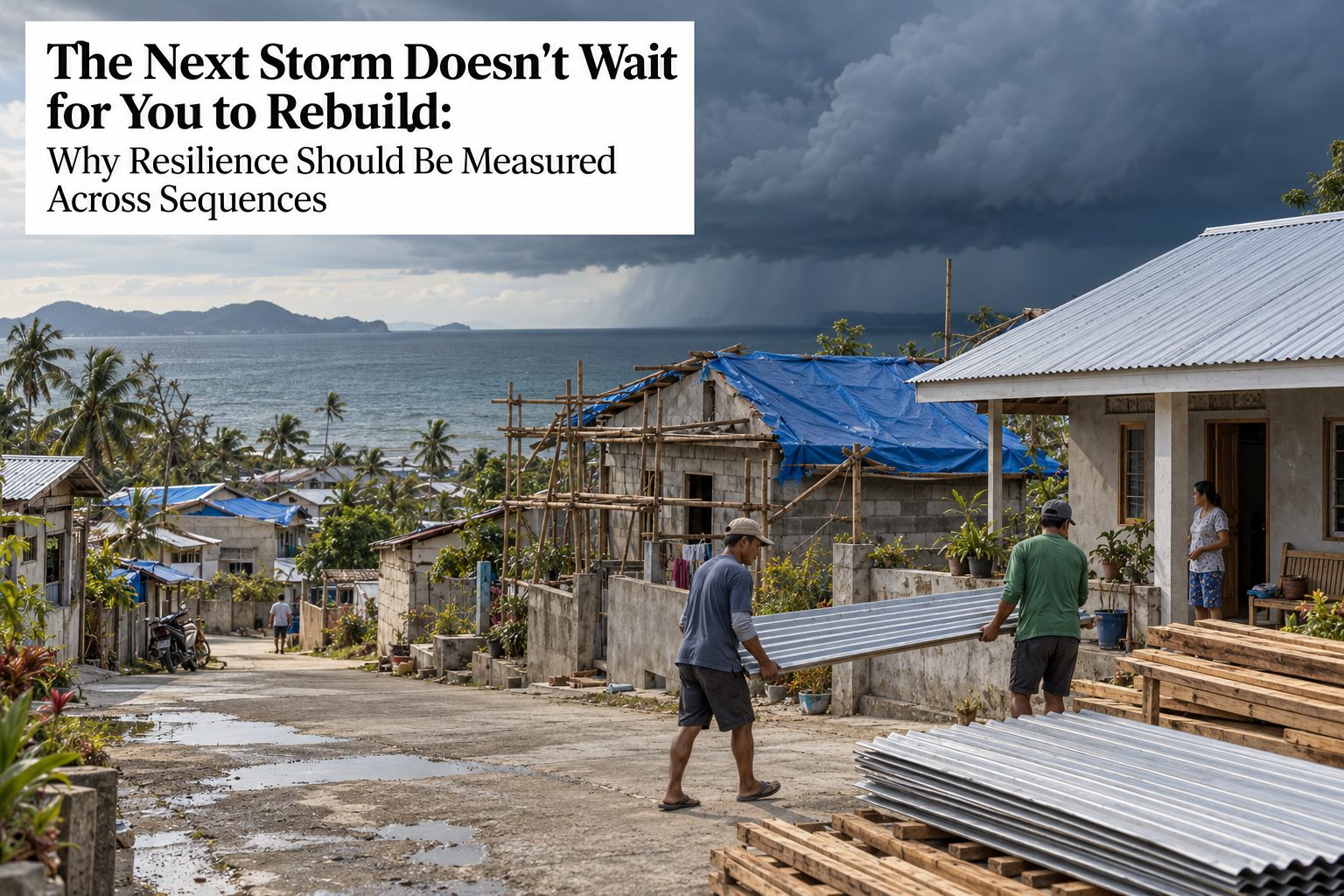 A coastal street partway through reconstruction, half the roofs new and the other half under tarpaulins, scaffolding standing, a dark bank of cloud building offshore.