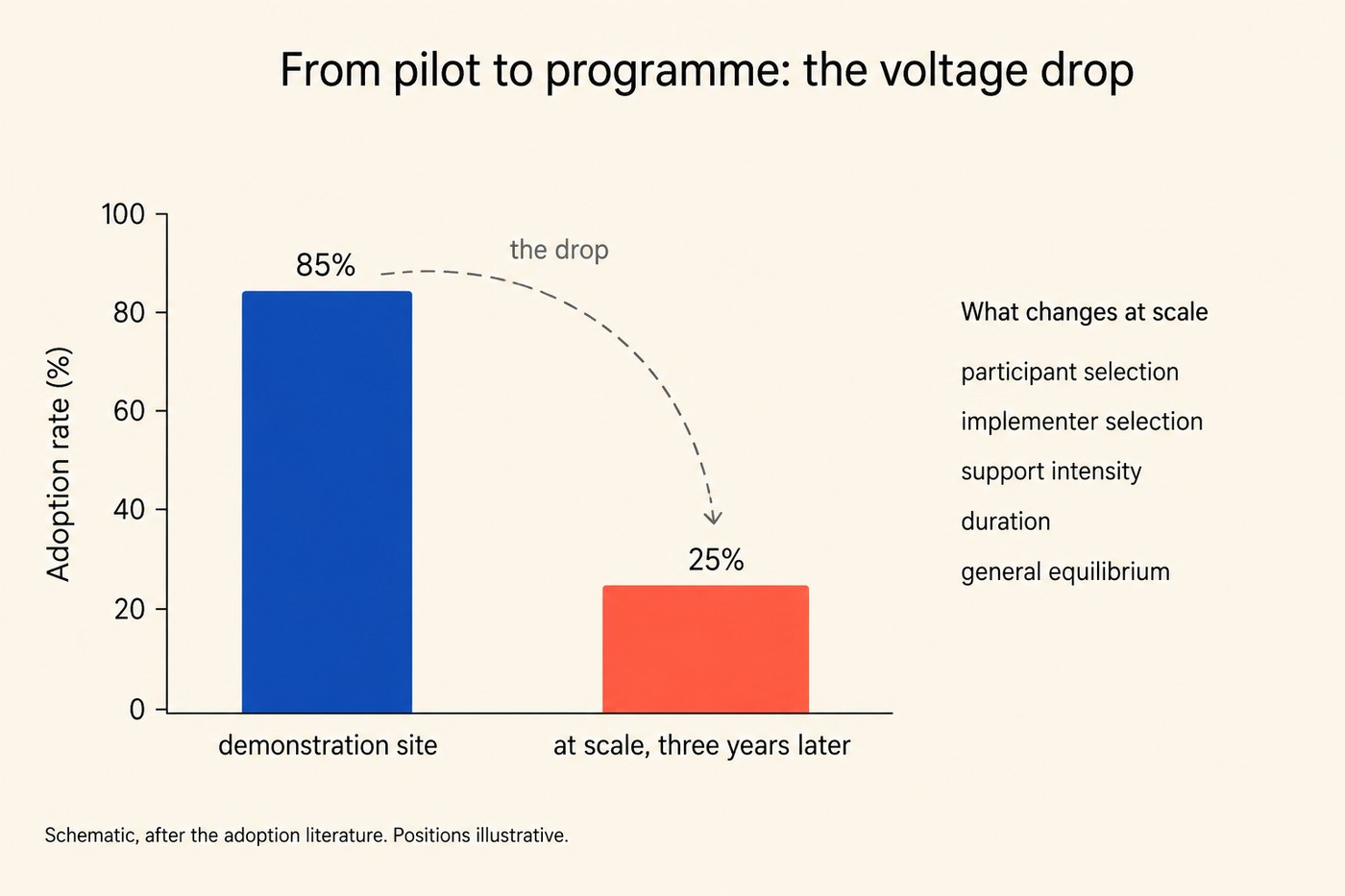 Bar chart titled From pilot to programme, the voltage drop. Vertical axis is Adoption rate as a percentage from zero to one hundred. Left bar in cobalt reaches eighty-five per cent, labelled demonstration site, value printed above. Right bar in coral reaches twenty-five per cent, labelled at scale three years later, value printed above. A dashed grey arc runs from the top of the left bar down to the top of the right bar, labelled the drop. To the right of the chart, a small annotation list heads What changes at scale: participant selection, implementer selection, support intensity, duration, general equilibrium. Footer: Schematic, after the adoption literature. Positions illustrative.