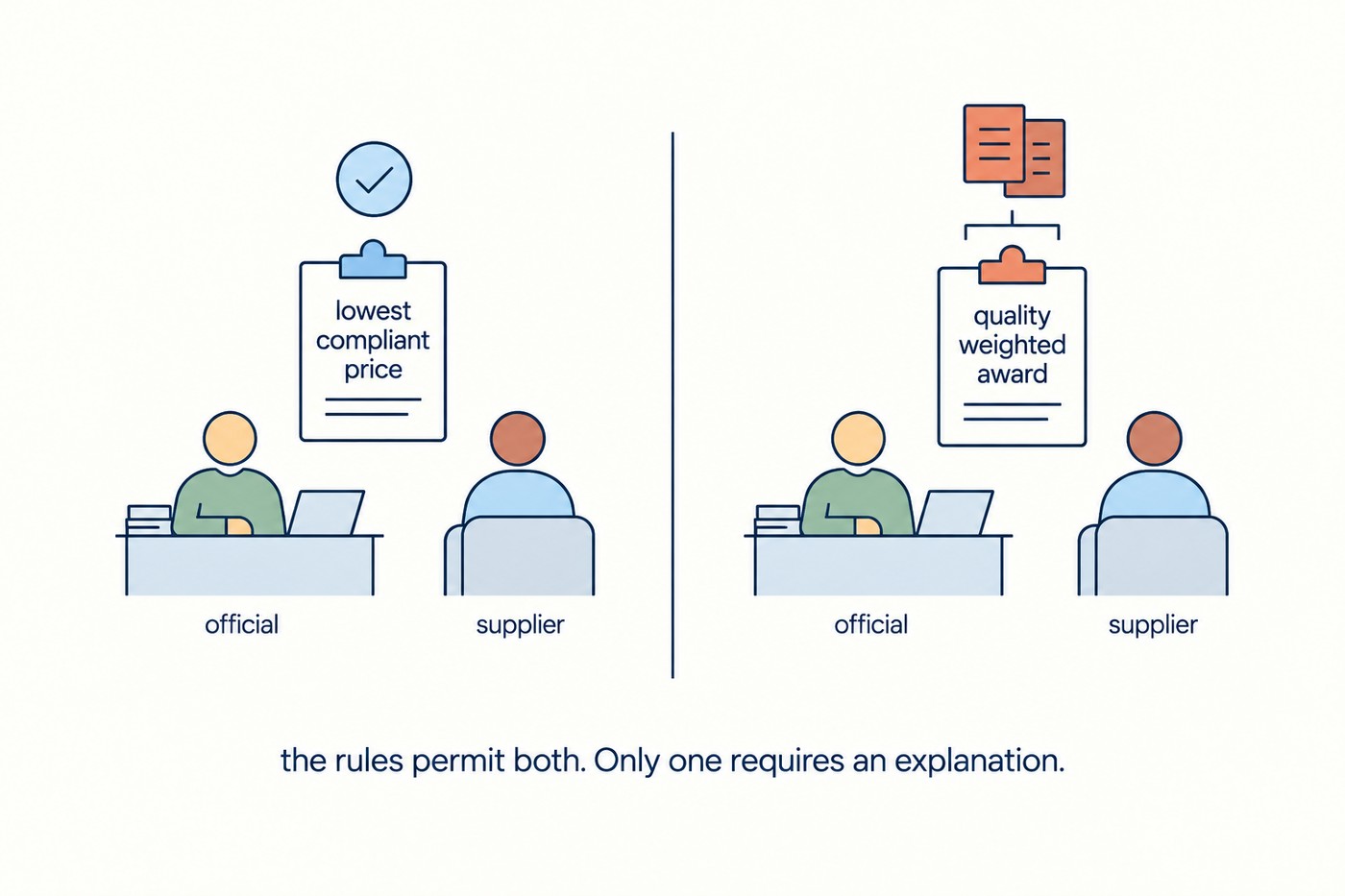 Diagram: two officials seated at identical desks with a supplier opposite each. Left panel shows a clipboard reading 'lowest compliant price' with a sky-blue tick above it. Right panel shows a clipboard reading 'quality weighted award' with a coral stack of justification papers hovering above it. Beneath both, a note reads 'the rules permit both. Only one requires an explanation.'