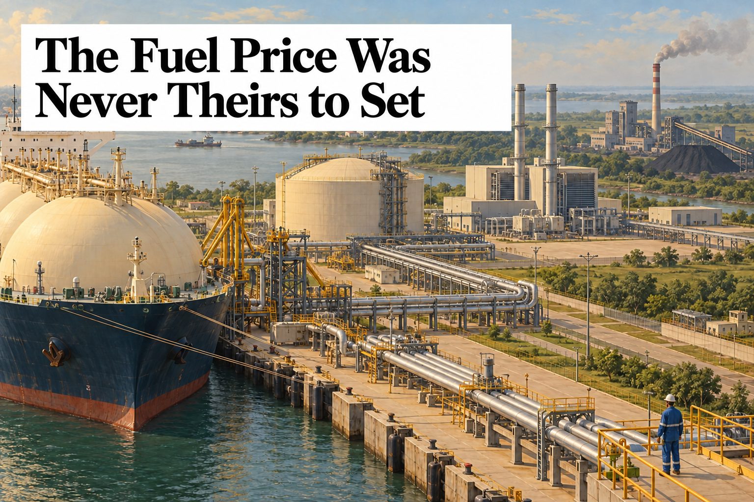 An LNG tanker moored at a regasification terminal with pipelines running to a gas power station, and a coal plant with a full plume on the far bank of the estuary.