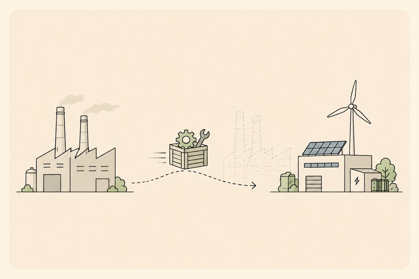 Legacy factory on the left; a toolbox with a gear and wrench crossing the middle; a cleaner facility with solar and wind on the right.