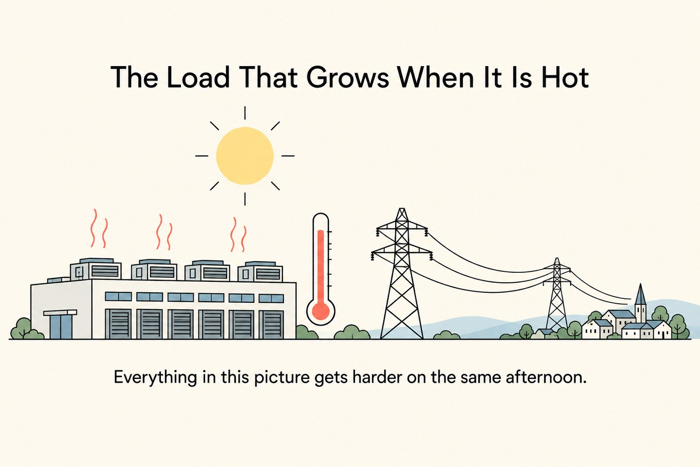 Line-art scene: a long low data centre building with rooftop cooling units beneath a high sun with heat lines rising; a thermometer stands beside the building with its column high, and a transmission tower behind carries sagging lines toward a distant town.