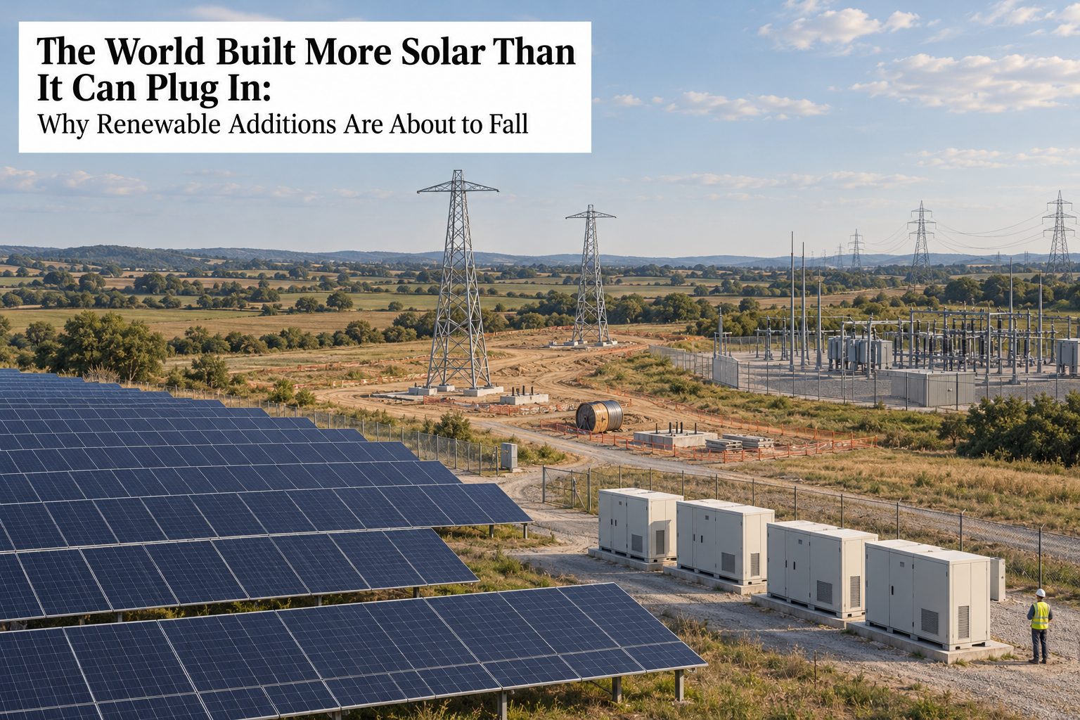 A completed solar array in low afternoon light with its inverter cabinets closed and a substation in the middle distance, the connecting line between them unfinished and ending at a bare steel pylon.