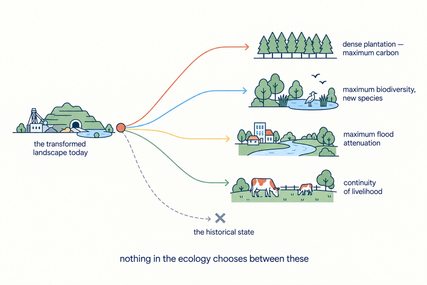 Diagram: a single starting point at the left labelled 'the transformed landscape today', from which four coloured paths diverge to the right. Each ends in a small scene: a dense conifer plantation labelled 'dense plantation — maximum carbon', a mixed wetland with a wading bird labelled 'maximum biodiversity, new species', a small town beside a wide riverbank labelled 'maximum flood attenuation', and a grazed pasture with cattle labelled 'continuity of livelihood'. A fifth dashed grey path runs down and off to a small cross labelled 'the historical state'. Beneath the endpoints: 'nothing in the ecology chooses between these'.