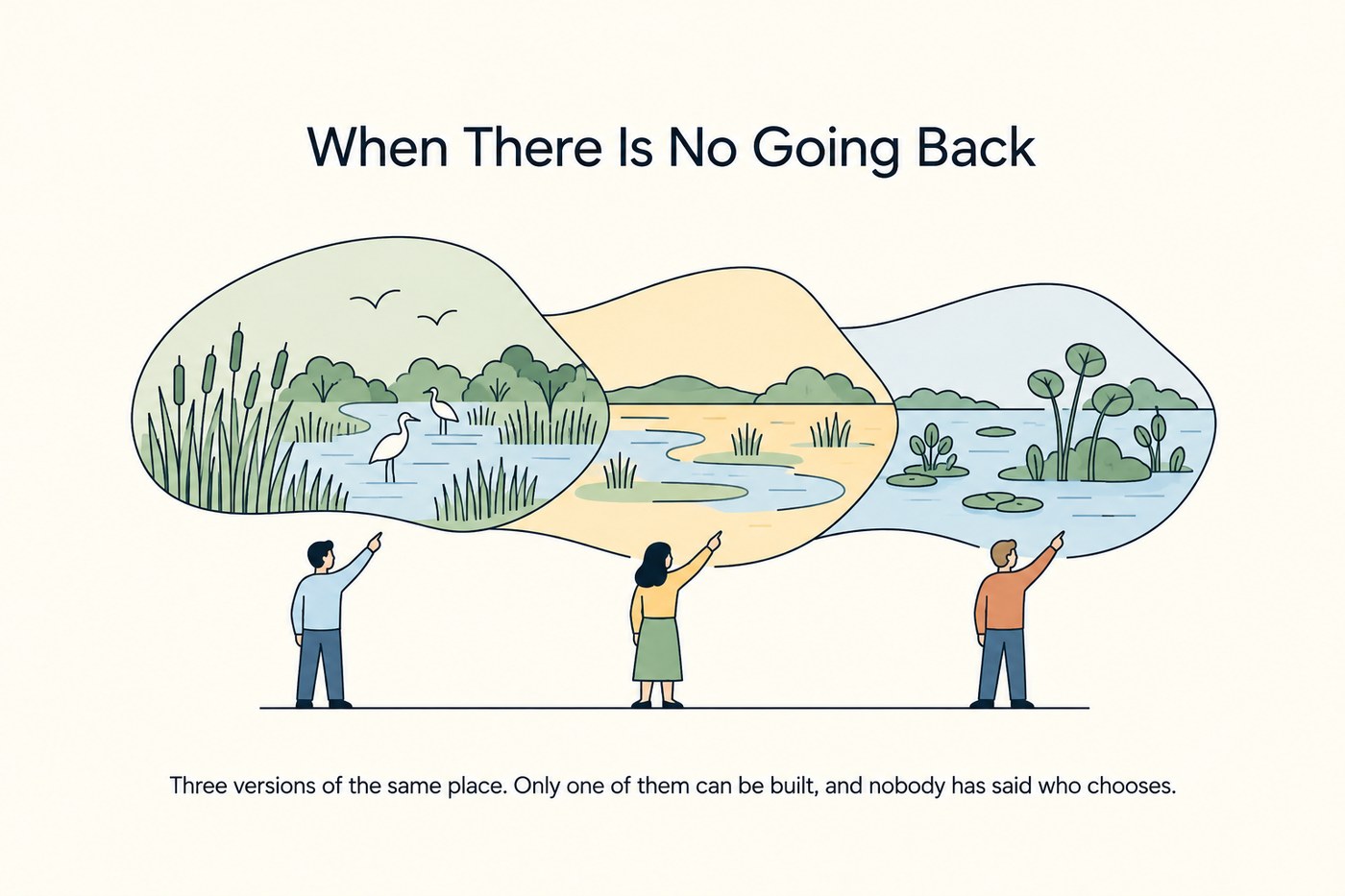 Line-art scene: a wetland drawn in three overlapping states, a faint historical version with reeds and wading birds, a present version with lower water and different vegetation, and a solid future version containing unfamiliar species, with three small groups of figures standing at the edge pointing at different versions.