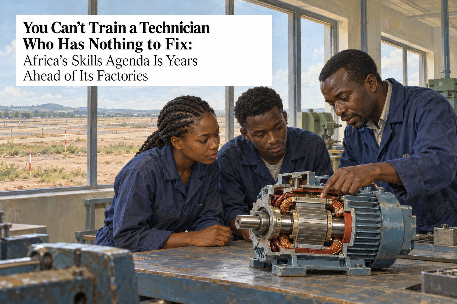 Three apprentices around a cutaway electric motor in a training workshop, the instructor pointing at the stator; through the windows behind them an empty industrial plot with surveying markers.
