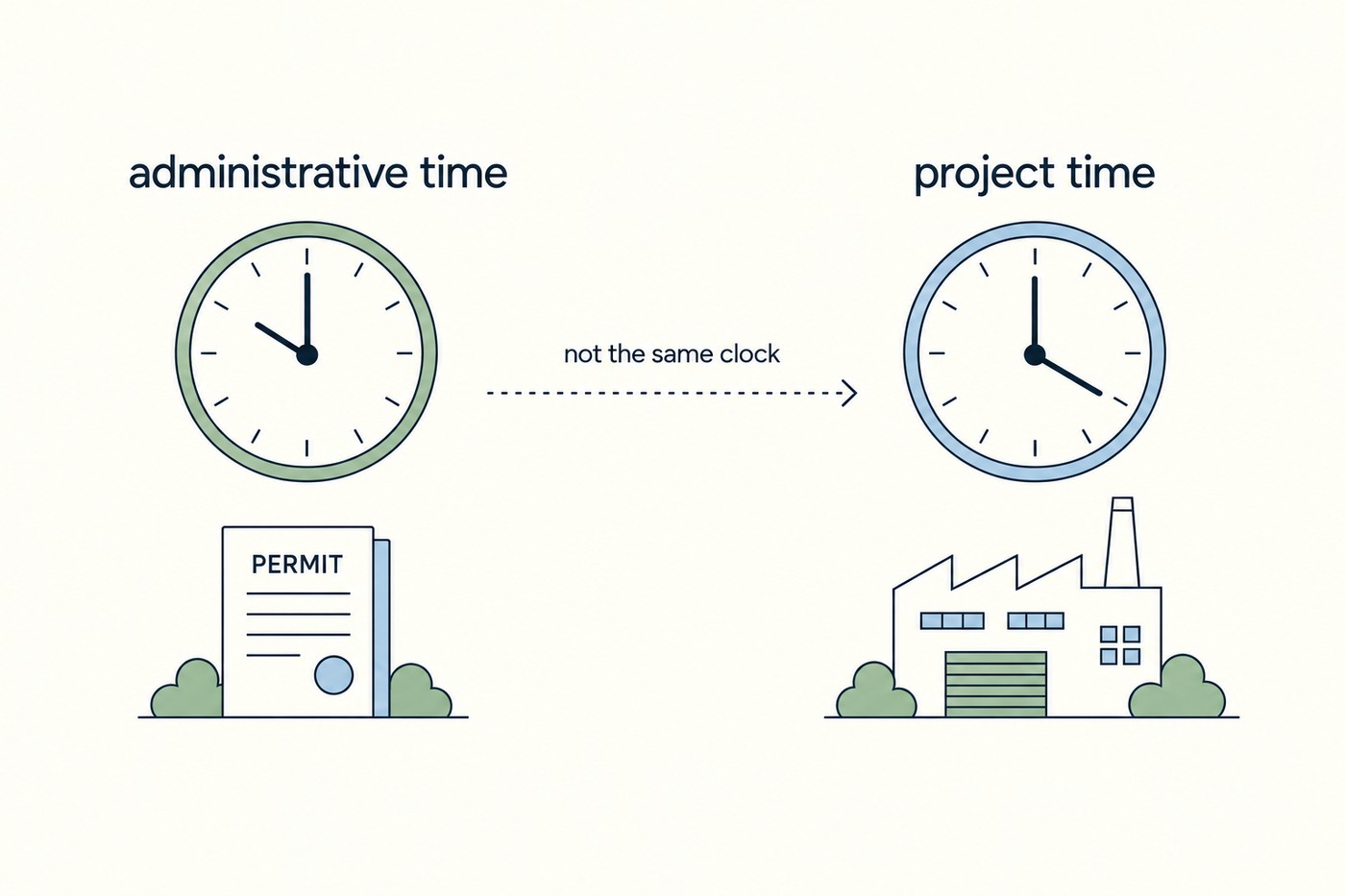Diagram: two clocks side by side. On the left, a sage-green clock labelled 'administrative time' with a permit document beneath it. On the right, a sky-blue clock labelled 'project time' with a factory beneath it. A dashed arrow runs between them annotated 'not the same clock'.