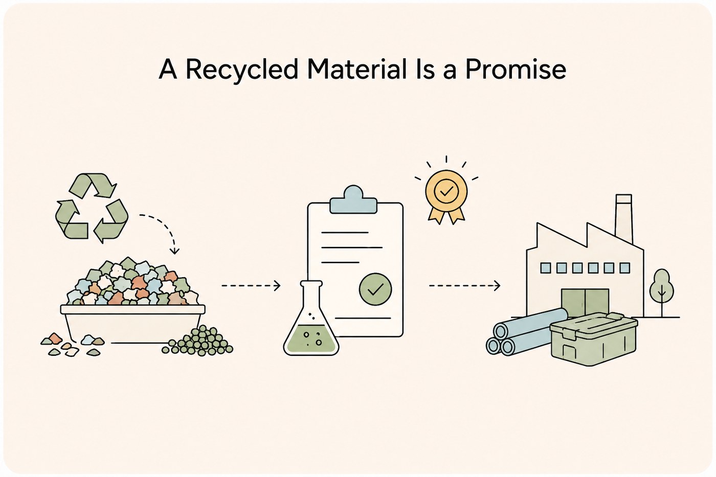 Line-art scene: recycling symbol above a bin of mixed pellets, then a lab flask with a certification clipboard and a rosette, then a factory with rolls of finished product at its entrance.