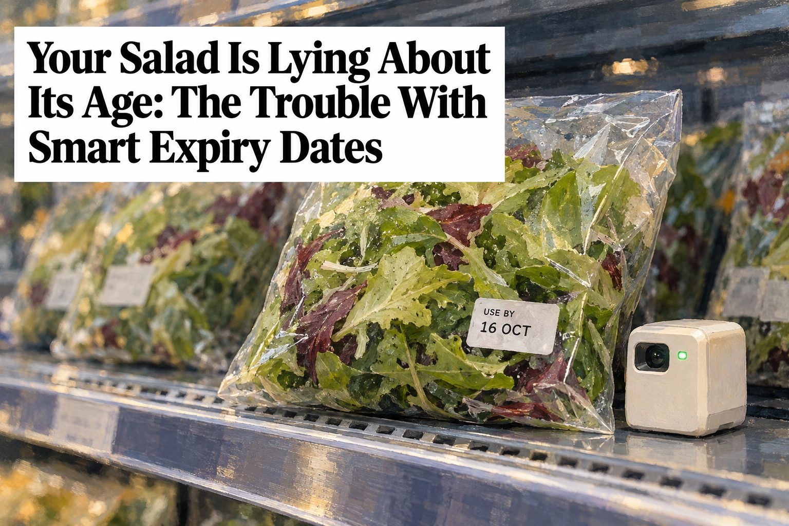 A bagged ready-to-eat salad on a chilled supermarket shelf with a printed USE BY date, and a small sensor module beside it with an indicator light.