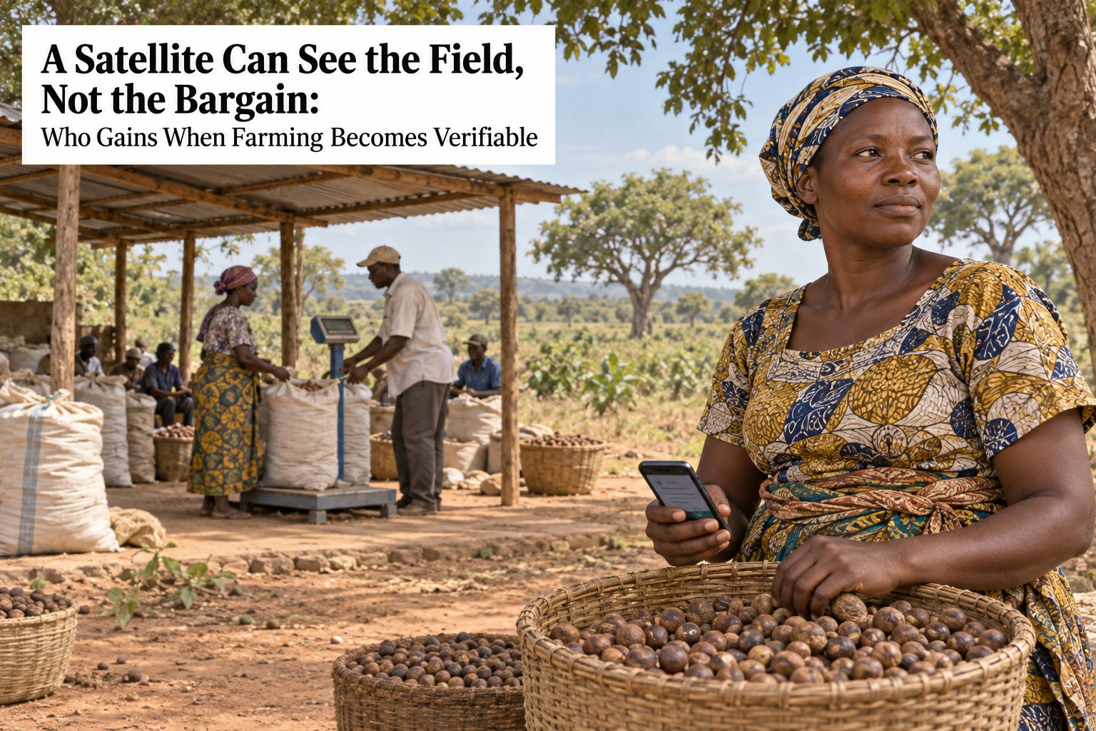 A woman collecting shea nuts under scattered trees, a phone on a lanyard at her chest showing a registration screen, a buying station with a weighing scale in the distance.