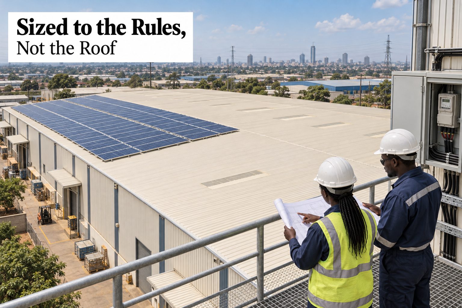 A line-art factory roof carrying a modest run of solar panels that stops well short of the roof's edge, with a metering cabinet on the wall below.
