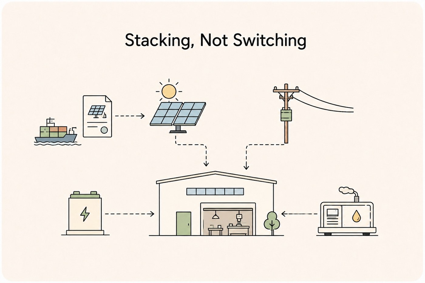 Line-art scene: container ship and shipping form on the left, dashed arrows up to solar panels and a transmission pylon and down to a factory with a battery on one side and a diesel generator on the other — the site stacking sources, not switching.