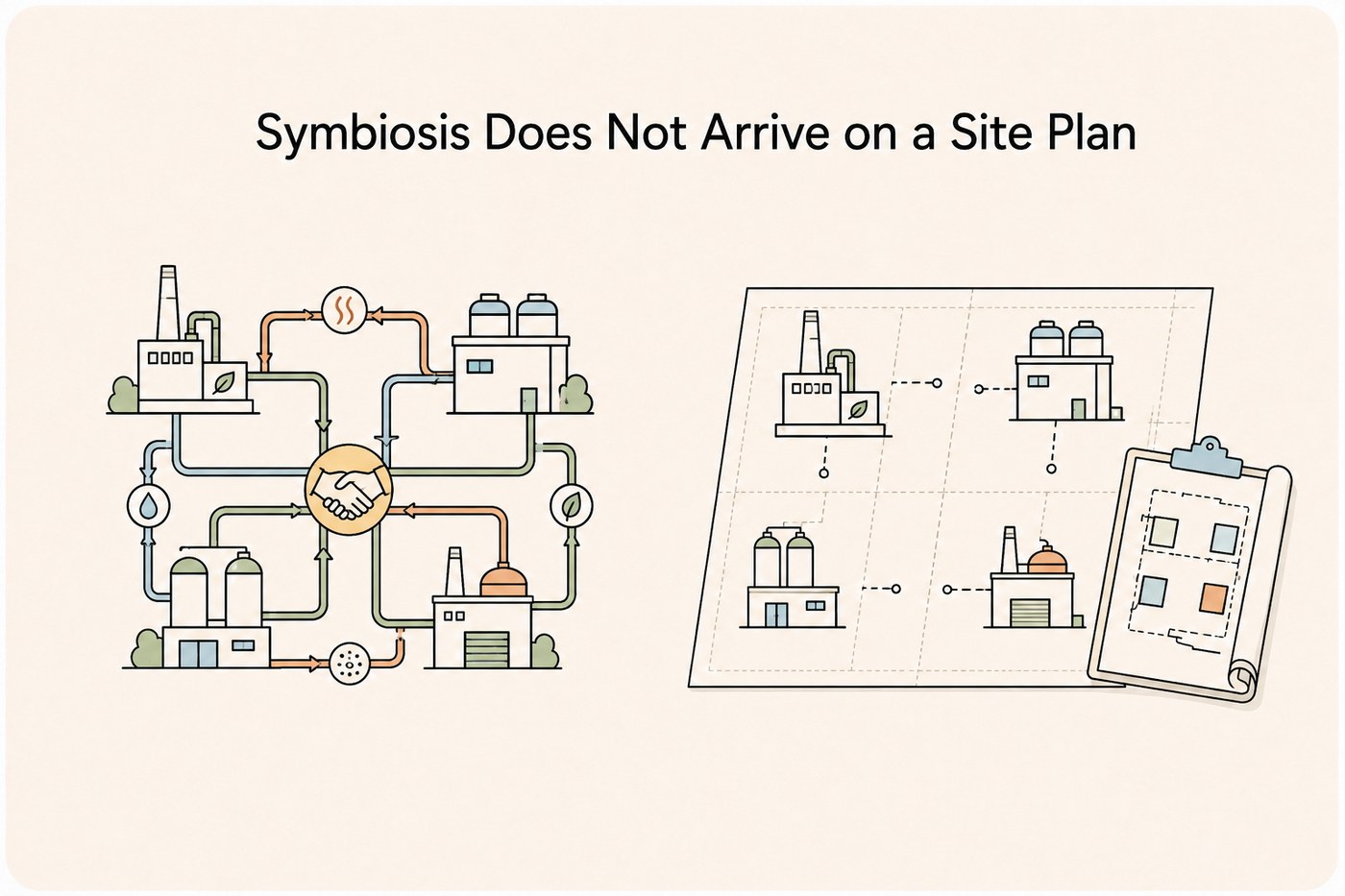Line-art comparison: on the left, four factories joined by a dense network of pipes around a central handshake; on the right, the same four factories on a surveyor's grid with disconnected pipe stubs and a rolled site plan propped against a wall.