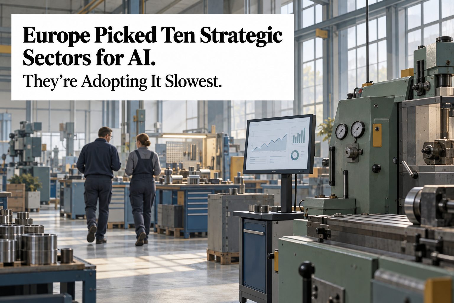 A European factory floor with a newly installed AI dashboard mounted on a stanchion beside an older control panel, two workers walking past without looking up.
