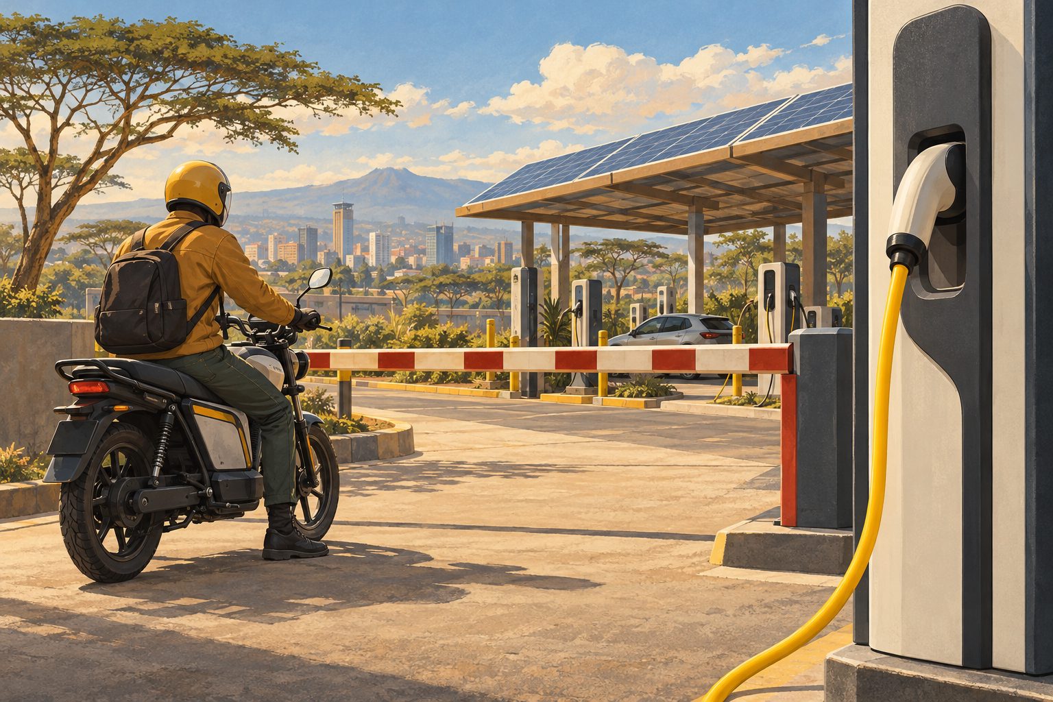 A boda-boda rider on an electric motorcycle at a solar-canopied charging station on the edge of Nairobi, Mount Longonot and the city skyline on the horizon, a yellow fast-charger cable in the foreground.