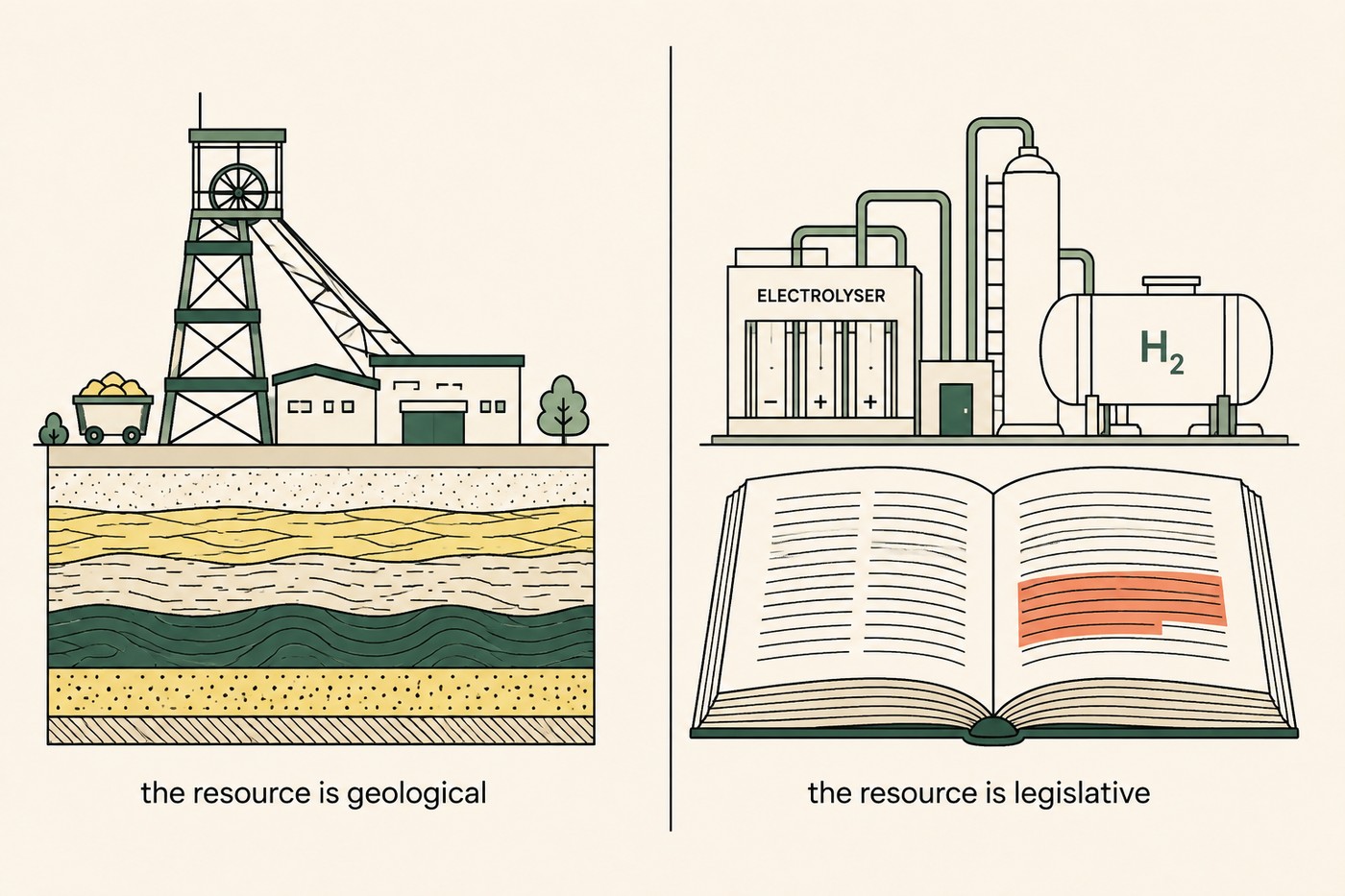 Line-art diagram split by a hairline vertical rule. Left half: a conventional mine headframe drawn above layered rock strata in forest and butter, labelled beneath 'the resource is geological'. Right half: an electrolyser and a hydrogen storage tank drawn above the open pages of a legal statute book with a single highlighted paragraph in coral, labelled beneath 'the resource is legislative'. Both structures drawn at exactly the same size so the comparison is visual.