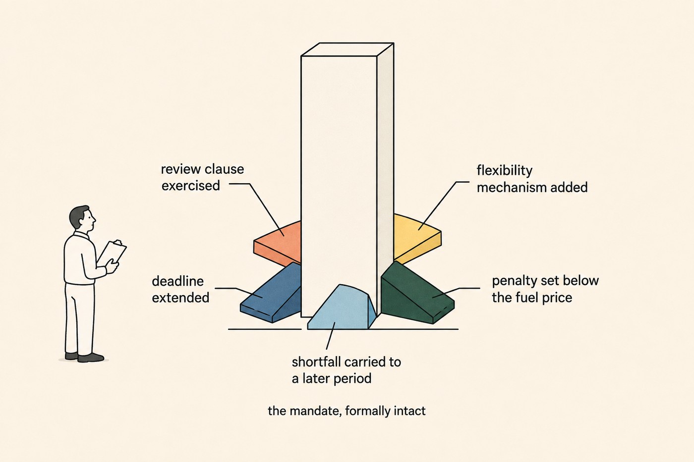 Line-art diagram: a sturdy upright pillar labelled at its base 'the mandate, formally intact'. Around the pillar, five small wedges are being inserted at different heights in orange, blue, yellow, sky and forest, each labelled: 'review clause exercised', 'deadline extended', 'flexibility mechanism added', 'penalty set below the fuel price', 'shortfall carried to a later period'. The pillar remains upright and undamaged. To one side, a small figure with a clipboard looks at the pillar and not at the wedges.