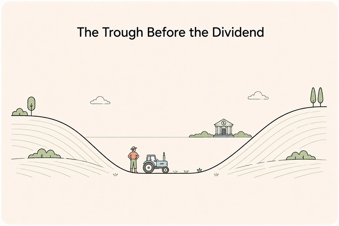 Line-art scene: a farm income curve drawn as a physical earthwork across a field, dipping into a visible trough in the middle before rising higher than it began, with a farmer and a tractor at the lowest point and a bank building visible on the far horizon.