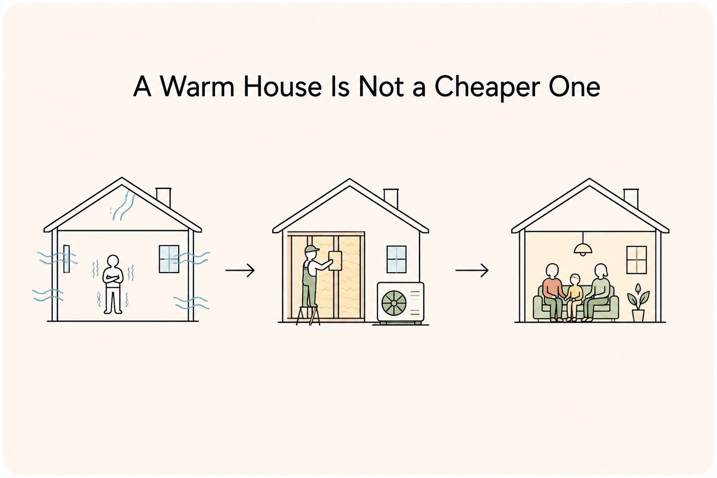 Three houses in sequence — a cold leaky home with a shivering figure, a home being retrofitted with insulation and a heat pump, a warm lit home with a family on the sofa — the retrofit journey the Social Climate Fund is buying.
